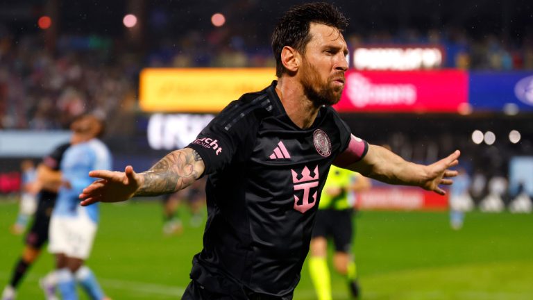 Inter Miami forward Lionel Messi reacts after scoring a goal against New York City FC during the second half of a MLS soccer game, Wednesday, Sept. 24, 2025, in New York. (Noah K. Murray/AP)