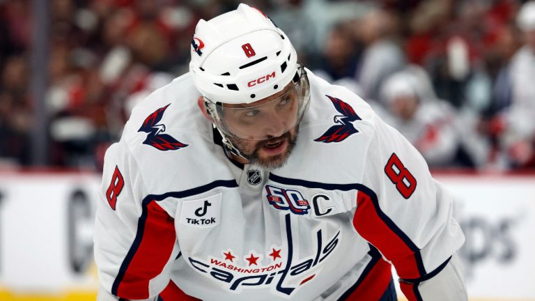 Washington Capitals' Alex Ovechkin (8) waits for a face-off against the Carolina Hurricanes during the first period of Game 3 of an NHL hockey Semi-final round playoff series in Raleigh, N.C., Saturday, May 10, 2025. (Karl DeBlaker/AP)
