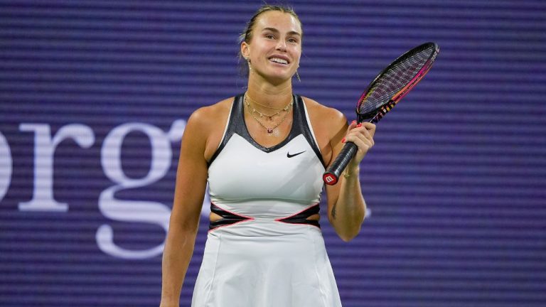 Aryna Sabalenka, of Belarus, reacts after a rally against Cristina Bucsa, of Spain, during the fourth round of the US Open tennis championships, Sunday, Aug. 31, 2025, in New York. (Pamela Smith/AP Photo)