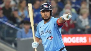 Toronto Blue Jays' Anthony Santander calls to the first base umpire during second inning MLB baseball action against the Boston Red Sox in Toronto on Wednesday September 24, 2025. (Chris Young/THE CANADIAN PRESS)
