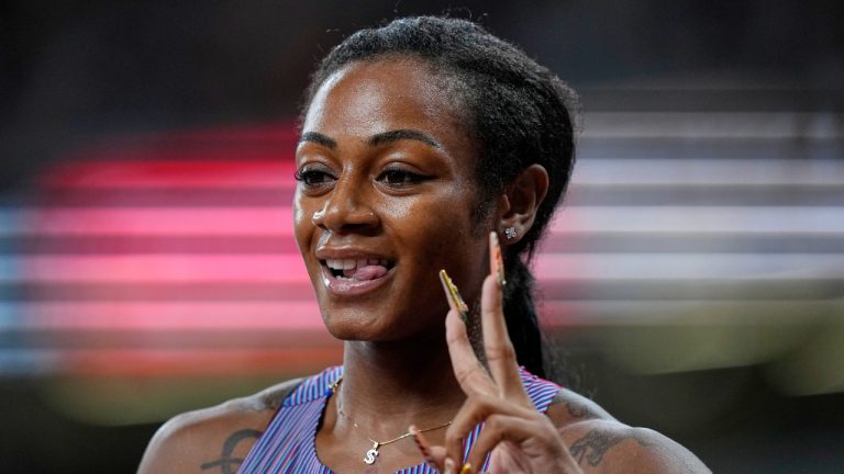 United States' Sha'Carri Richardson gestures after finishing a women's 100 meters heat at the World Athletics Championships in Tokyo, Saturday, Sept. 13, 2025. (Petr David Josek/AP)