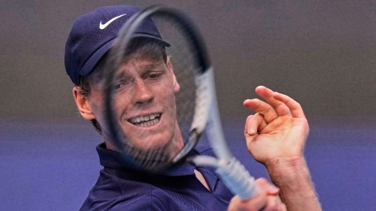 Jannik Sinner of Italy returns a forehand shot to Alex De Minaur of Australia during the men's singles semifinal match for the China Open tennis tournament, in Beijing, China, Tuesday, Sept. 30, 2025. (Mahesh Kumar A/AP Photo.)