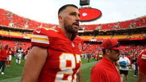 Kansas City Chiefs tight end Travis Kelce heads off the field following an NFL football game against the Philadelphia Eagles Sunday, Sept. 14, 2025, in Kansas City, Mo. (Ed Zurga/AP)