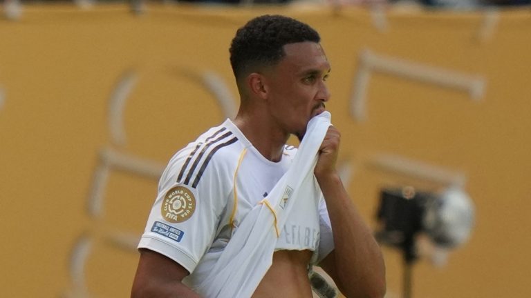 Real Madrid's Trent Alexander-Arnold reacts during the Club World Cup group H soccer match between Real Madrid and Al Hilal in Miami, Fla., Wednesday, June 18, 2025. (Lynne Sladky/AP)