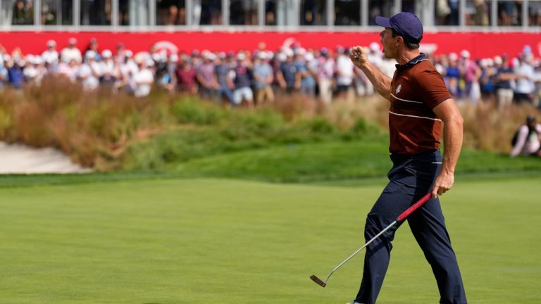 Europe's Viktor Hovland celebrates after a putt on the 17th hole at Bethpage Black golf course during the Ryder Cup golf tournament, Saturday, Sept. 27, 2025, in Farmingdale, N.Y. (Seth Wenig/AP)
