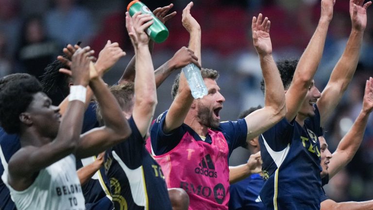 Vancouver Whitecaps' Thomas Muller, centre, celebrates with his teammates after Vancouver defeated Forge FC 4-0 during a Canadian Championship semifinal soccer match, in Vancouver, on Tuesday, September 16, 2025. (Darryl Dyck/THE CANADIAN PRESS)