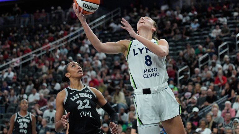 Minnesota Lynx forward Alanna Smith (8) shoots over Las Vegas Aces centre A'ja Wilson (22) during the second half of a WNBA basketball game Thursday, Sept. 4, 2025, in Las Vegas. (John Locher/AP)