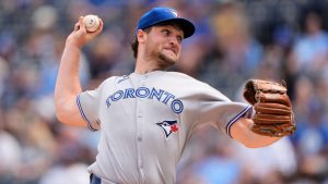 Toronto Blue Jays starting pitcher Trey Yesavage throws during the first inning of a baseball game against the Kansas City Royals, Sunday, Sept. 21, 2025, in Kansas City, Mo. (Charlie Riedel/AP)