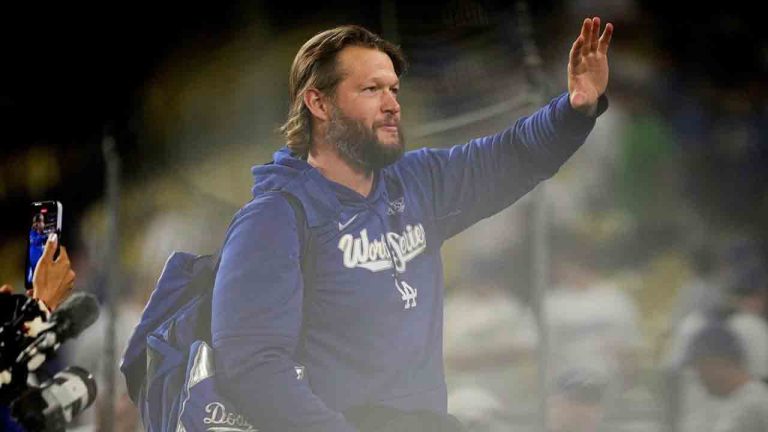 Los Angeles Dodgers pitcher Clayton Kershaw waves after their loss against the Toronto Blue Jays in Game 5 of baseball's World Series, Wednesday, Oct. 29, 2025, in Los Angeles. (Brynn Anderson/AP)