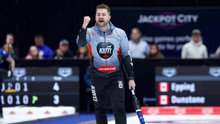 Canada’s Team Matt Dunstone celebrates his game-winning shot vs. Canada’s Team John Epping during the semifinals at the CO-OP Tour Challenge, Saturday Oct. 18, 2025, in Nisku, Alta. (Anil Mungal/TCG)