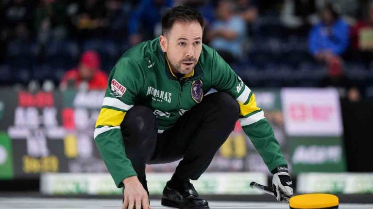 Northern Ontario skip John Epping watches his shot while playing Nunavut during the Brier, in Kelowna, B.C., on Thursday, March 6, 2025. (Darryl Dyck/CP)