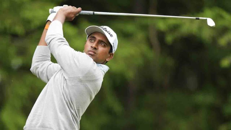 Canadian Sudarshan Yellamaraju hits his tee shot on the 11th hole during first round of the RBC Canadian Open golf tournament, in Caledon, Ont., on Thursday, June 5, 2025. (Nathan Denette/CP)
