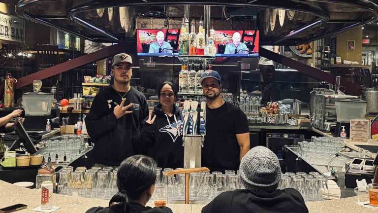 The Storehouse Bar and Grill, located in the northernmost city of Canada, welcomes fans rooting for the Toronto Blue Jays fans ever since the team made it to the World Series. The cheers are loud as ever, despite being more than 2000 kilometres away from the team's hometown. THE CANADIAN PRESS — The Storehouse Bar and Grill