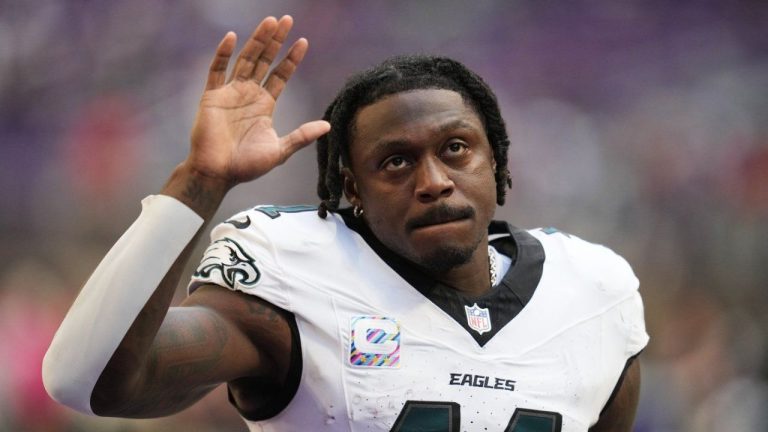 Philadelphia Eagles wide receiver A.J. Brown (11) walks off the field after a win over the Minnesota Vikings in an NFL football game Sunday, Oct. 19, 2025, in Minneapolis. (Abbie Parr/AP)
