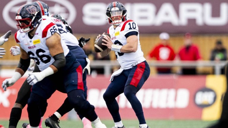 Montreal Alouettes quarterback Davis Alexander looks for a pass during first half CFL action against the Ottawa Redblacks in Ottawa, Saturday, Oct. 18, 2025. (THE CANADIAN PRESS/Spencer Colby)