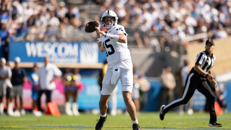 Penn State quarterback Drew Allar throws a pass during an NCAA football game against UCLA on Saturday, Oct. 4, 2025, in Pasadena, Calif. (AP/Kyusung Gong)
