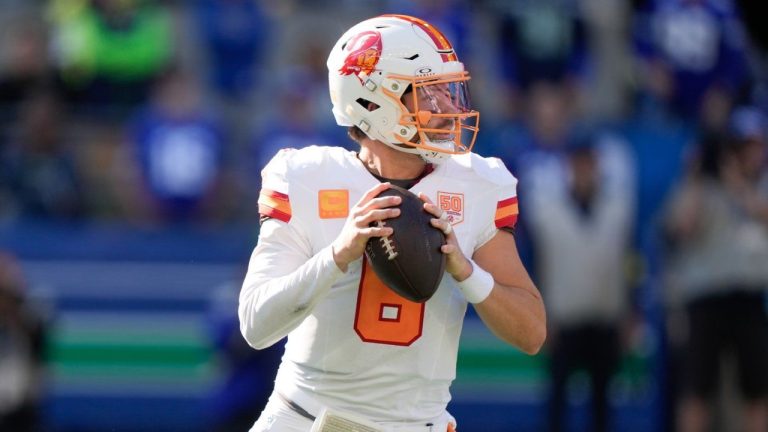 Tampa Bay Buccaneers quarterback Baker Mayfield looks to throw during the second half of an NFL game against the Seattle Seahawks, Sunday, Oct. 5, 2025, in Seattle. (AP/Stephen Brashear)