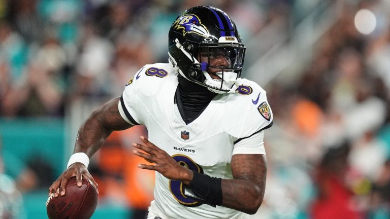 Baltimore Ravens quarterback Lamar Jackson (8) looks to throw against the Miami Dolphins during the first half of an NFL football game, Thursday, Oct. 30, 2025, in Miami Gardens, Fla. (Rebecca Blackwell/AP)