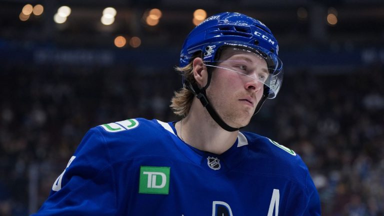 Vancouver Canucks' Brock Boeser skates during a stoppage in play during the second period of an NHL hockey game against the Vegas Golden Knights, in Vancouver, on Wednesday, April 16, 2025. (Darryl Dyck/CP)