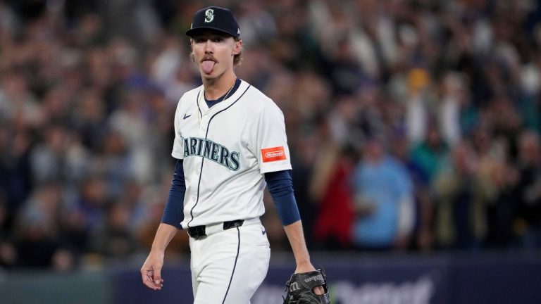 Seattle Mariners pitcher Bryce Miller reacts after a strike out against the Toronto Blue Jays during the first inning in Game 5 of baseball's American League Championship Series, Friday, Oct. 17, 2025, in Seattle. (Lindsey Wasson/AP)