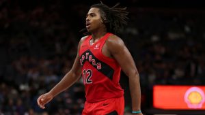 Toronto Raptors forward Collin Murray-Boyles looks on during the second half of an NBA basketball pre-season game against the Sacramento Kings, Wednesday, Oct. 8, 2025, in Sacramento, Calif. (Scott Marshall/AP)