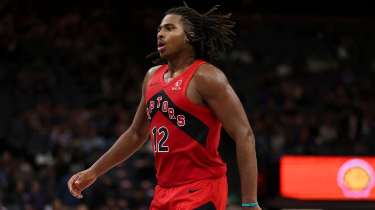 Toronto Raptors forward Collin Murray-Boyles looks on during the second half of an NBA basketball pre-season game against the Sacramento Kings, Wednesday, Oct. 8, 2025, in Sacramento, Calif. (Scott Marshall/AP)