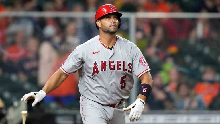 Los Angeles Angels' Albert Pujols watches his two-run home run against the Houston Astros during the sixth inning of a baseball game Thursday, April 22, 2021, in Houston. (David J. Phillip/AP)