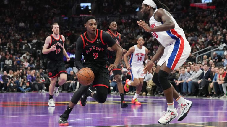 Toronto Raptors' RJ Barrett tries to get past Detroit Pistons' Isaiah Stewart during first half NBA Cup action in Toronto on Friday, November 15, 2024. (Chris Young/CP)