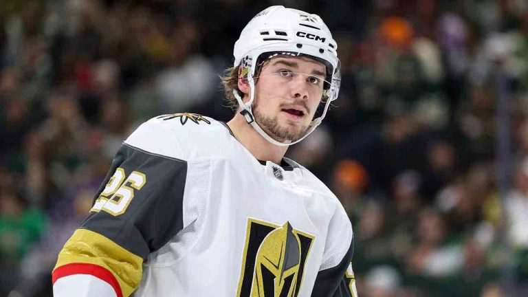 Vegas Golden Knights right wing Alexander Holtz (26) looks on during the second period of an NHL hockey game against the Minnesota Wild Sunday, Dec. 15, 2024, in St. Paul, Minn. (Matt Krohn/AP)