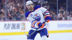 Edmonton Oilers' Evan Bouchard plays during an NHL hockey game, Saturday, Feb. 22, 2025, in Philadelphia. (Matt Slocum/AP)