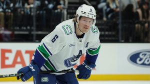 Vancouver Canucks right wing Brock Boeser skates on the ice during the first period of an NHL game, Sunday, Feb. 23, 2025, in Salt Lake City. (Melissa Majchrzak/AP)