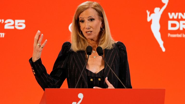 WNBA commissioner Cathy Engelbert speaks at a news conference before the WNBA draft, Monday, April 14, 2025, in New York. (Pamela Smith/AP)