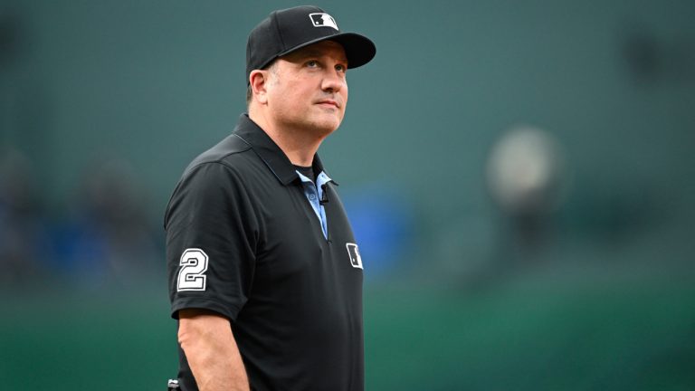 Umpire Dan Bellino looks on during a game between the Washington Nationals and the Athletics in Washington, Tuesday, Aug. 5, 2025. (Terrance Williams/AP)