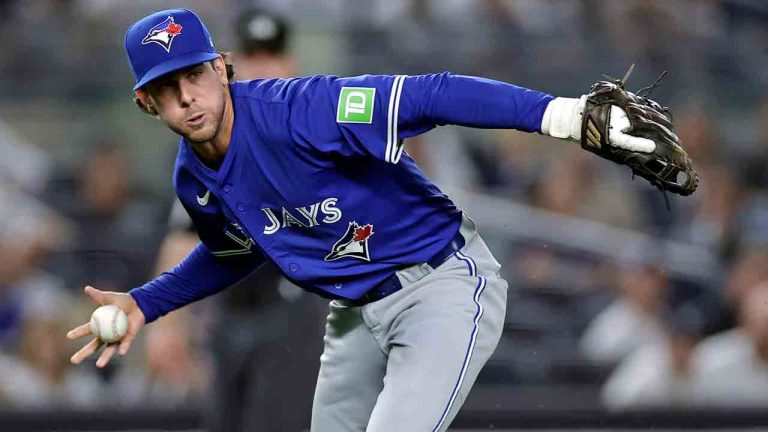 Toronto Blue Jays third baseman Ernie Clement throws out New York Yankees José Caballero during the third inning of a baseball game Friday, Sept. 5, 2025, in New York. (Adam Hunger/AP)