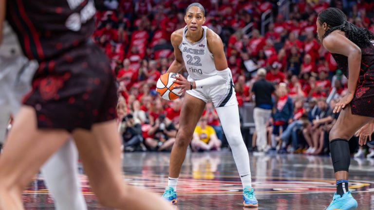 Las Vegas Aces center A'ja Wilson (22) during the first half of Game 4 of a WNBA playoff semifinals series against the Indiana Fever in Indianapolis, Sunday, Sept. 28, 2025. (AP Photo/Doug McSchooler)