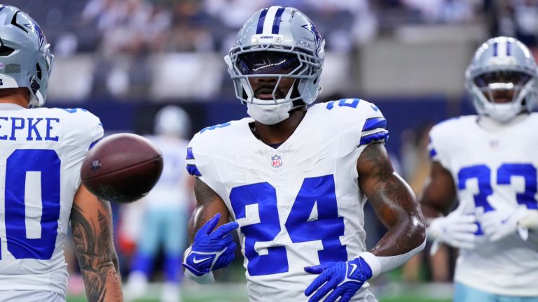 Dallas Cowboys running back Miles Sanders warms up before an NFL game against the Green Bay Packers Sunday, Sept. 28, 2025, in Arlington, Texas. (Jeffrey McWhorter/AP)