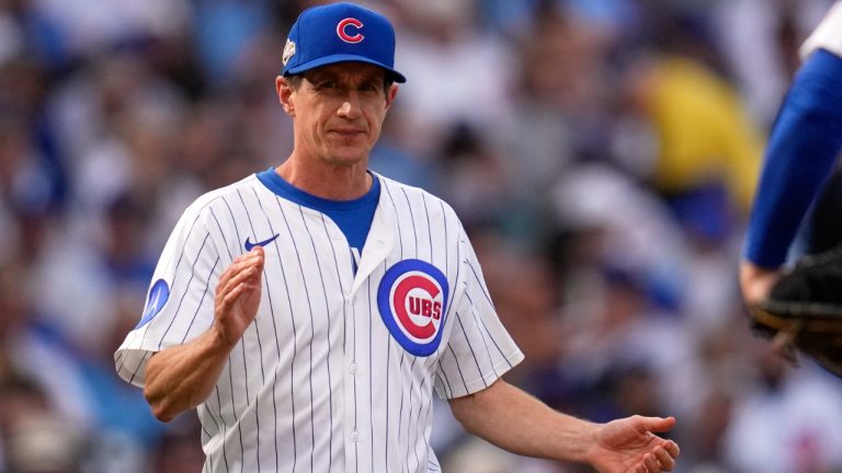Chicago Cubs manager Craig Counsell makes a pitching change during the sixth inning of Game 2 in the National League Wild Card Series against the San Diego Padres Wednesday, Oct. 1, 2025, in Chicago. (Erin Hooley/AP)