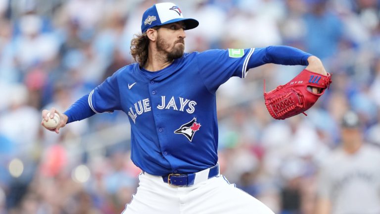 Toronto Blue Jays pitcher Kevin Gausman delivers to the New York Yankees during the fourth inning of Game 1 in the American League Division Series in Toronto on Saturday, October 4, 2025. (Nathan Denette/CP)