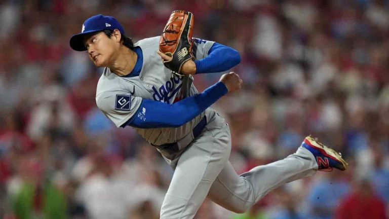 Los Angeles Dodgers' Shohei Ohtani pitches during the first inning in Game 1 of baseball's National League Division Series against the Philadelphia Phillies, Saturday, Oct. 4, 2025, in Philadelphia. (Matt Slocum/AP)