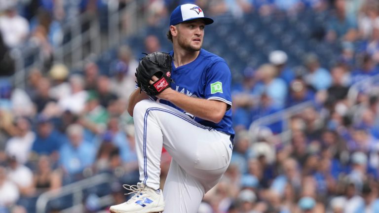 Toronto Blue Jays pitcher Trey Yesavage works against the Tampa Bay Rays during first inning MLB action in Toronto, Saturday, Sept. 27, 2025. (Chris Young/CP)