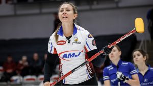 Team Homan skip Rachel Homan reacts to her shot against Team Brown during the women's final at the PointsBet Invitational in Calgary, Sunday, Oct. 5, 2025. (Jeff McIntosh/CP)