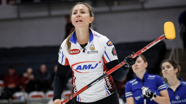 Team Homan skip Rachel Homan reacts to her shot against Team Brown during the women's final at the PointsBet Invitational in Calgary, Sunday, Oct. 5, 2025. (Jeff McIntosh/CP)