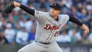 Detroit Tigers starting pitcher Tarik Skubal throws during the first inning in Game 2 of baseball's American League Division Series against the Seattle Mariners, Sunday, Oct. 5, 2025, in Seattle. (Lindsey Wasson/AP)