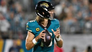Jacksonville Jaguars quarterback Trevor Lawrence looks to pass during the first half of an NFL game against the Kansas City Chiefs, Monday, Oct. 6, 2025, in Jacksonville, Fla. (Phelan M. Ebenhack/AP)