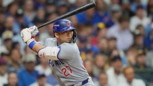 NLDS Cubs Brewers Baseball
Chicago Cubs' Seiya Suzuki (27) bats during the first inning of Game 2 of baseball's National League Division Series against the Milwaukee Brewers Monday, Oct. 6, 2025, in Milwaukee. (Kayla Wolf/AP)