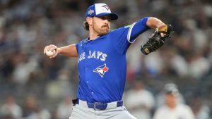 Toronto Blue Jays pitcher Shane Bieber (57) delivers against the New York Yankees during the first inning of Game 3 of baseball's American League Division Series, Tuesday, Oct. 7, 2025, in New York. (Yuki Iwamura/AP)