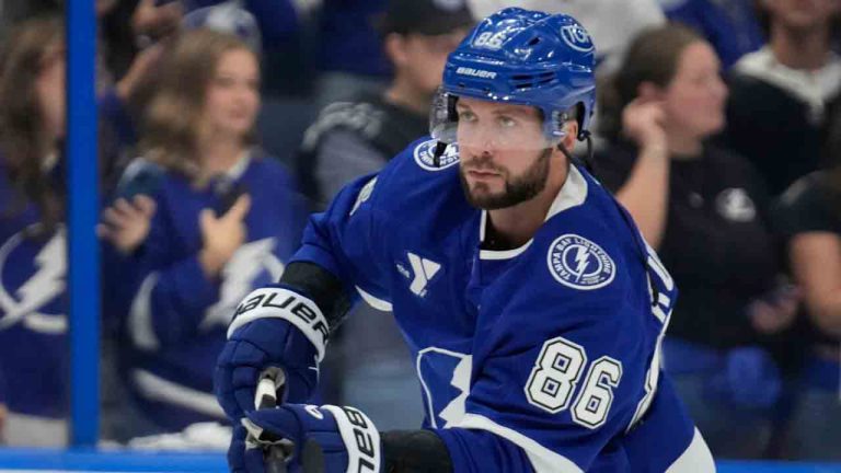 Tampa Bay Lightning right wing Nikita Kucherov (86) warms up before an NHL hockey game against the Ottawa Senators Thursday, Oct. 9, 2025, in Tampa, Fla. (Chris O'Meara/AP)