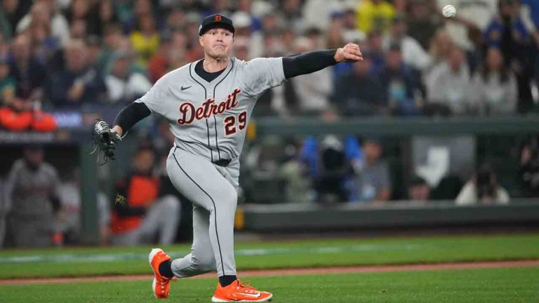 Detroit Tigers pitcher Tarik Skubal (29) throws out Seattle Mariners left fielder Randy Arozarena at first after a gound ball during the first inning in Game 5 of baseball's American League Division Series Friday, Oct. 10, 2025, in Seattle. (Lindsey Wasson/AP)