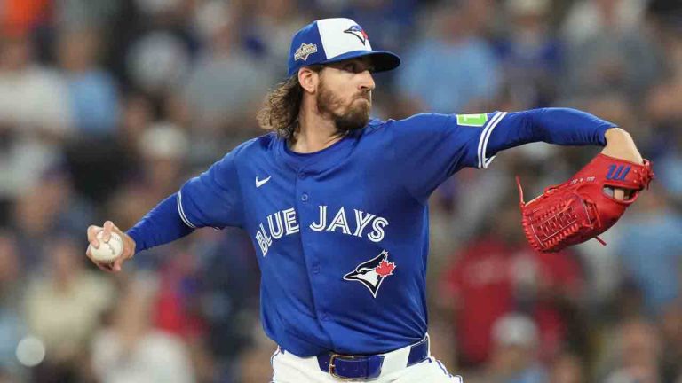 Toronto Blue Jays pitcher Kevin Gausman (34) throws against the Seattle Mariners during first inning American League Championship Series baseball action in Toronto on Sunday, Oct. 12, 2025. (Chris Young/CP)