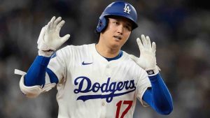 Los Angeles Dodgers' Shohei Ohtani celebrates his home run against the Milwaukee Brewers during the seventh inning in Game 4 of baseball's National League Championship Series, Friday, Oct. 17, 2025, in Los Angeles. (Ashley Landis/AP)